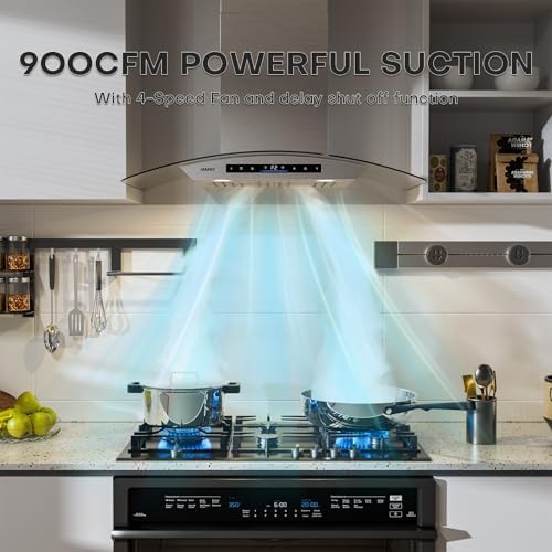36 inch Wall Mount Range Hood, 900 CFM Kitchen Vent with Gesture & Remote Control, Ducted or Ductless, Stainless Steel with Tempered Glass