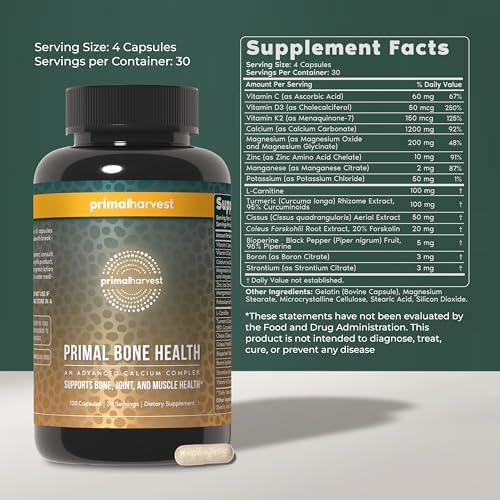 Primal Harvest Primal Bone Health Calcium Carbonate Bone Health Complex for Men & Women with Calcium, Magnesium, Zinc, Manganese, Potassium, & L-Carnitine (1 Pack)