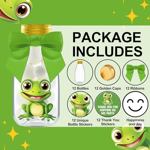 Ethisa Small 12 Pack Frog Party Favors - DIY Candy Jars with Ribbons and Stickers - Party Decoration Bottles for Birthday, and Baby Shower - Toad Theme Table Centerpieces