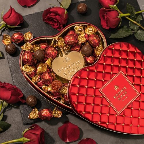 Chocolate Gift- Heart Shaped Tin with Chocolate Hazelnut Bon Bons, Gift Box for Her, Women, Wife, Girl, Romance, Love- Bonnie & Pop