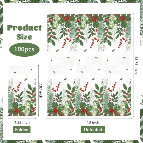100 Pcs Winter Plant Napkins Disposable Absorbent 3 Ply Holly Berry Greenery Guest Napkins Berries and Pine Napkin for Winter New Year Holiday Lunch Dinner Kitchen Supplies