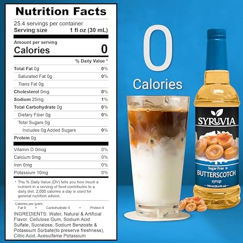 Syruvia Sugar Free Coffee Syrup, Butterscotch Flavored Syrup for Drinks, Lattes, and Desserts – 25.4 fl oz