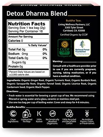 Buddha TeasBuddha Teas - Organic Detox Dharma Blend - Herbal Tea - For Health & Wellbeing - With Antioxidants & Minerals - Clean Ingredients - Caffeine Free - OU Kosher & Non-GMO - 18 Tea Bags (Pack of 1)