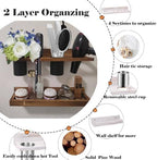 Hair Tool Organizer Wall Mount Holder, 2 Layer Rustic Blow Dryer Holder, Hair Product Wooden Storage Shelf for Hair Dryer, Curling Iron, Hot Tools, Vanity Accessories, Makeup, Toiletries(Dark Brown)