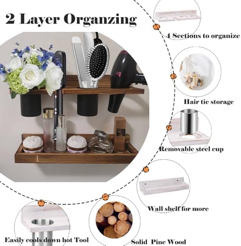 Hair Tool Organizer Wall Mount Holder, 2 Layer Rustic Blow Dryer Holder, Hair Product Wooden Storage Shelf for Hair Dryer, Curling Iron, Hot Tools, Vanity Accessories, Makeup, Toiletries(Dark Brown)