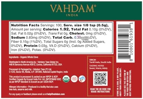VAHDAM, Organic Clove Whole (1.7oz/50g) Handpicked Whole Cloves, Gluten Free, Non GMO, 100% Raw | Warm & Flavorful Spice | Great for Cooking, Smoothies, Pomander Balls, Potpourri & Tea