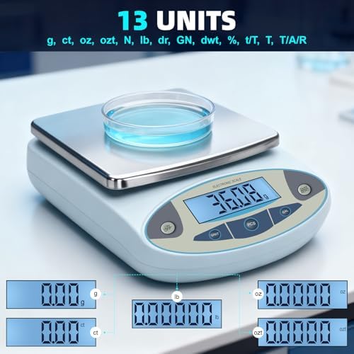 Lab Scale 5000g x 0.01g,13 Unit 0.01g Accuracy High Precision Digital Analytical Balance, Electronic Laboratory Precision Gram Scale Digital Kitchen/Jewelry/Scientific Scale
