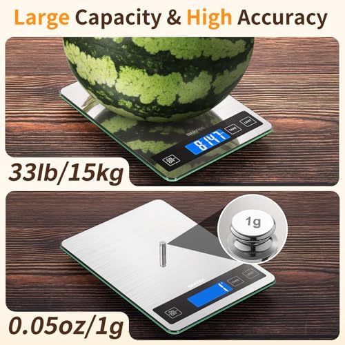 Food Scale, 33lb Digital Kitchen Scale with Stainless Steel & Tempered Glass, USB Rechargeable, 1g/0.05oz Precise Weighing, Splash-Resistant and Sturdy Surface, for Cooking, Baking, Weight Loss