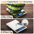 Food Scale, 33lb Digital Kitchen Scale with Stainless Steel & Tempered Glass, USB Rechargeable, 1g/0.05oz Precise Weighing, Splash-Resistant and Sturdy Surface, for Cooking, Baking, Weight Loss