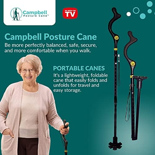 Campbell Posture Cane | Walking Cane for Men, Women | Mobility Device, Portable, Lightweight, Adjustable, Self-Standing, Folding, Collapsible Hand Walking Stick, 10 Height Adjustment, 360 Traction Tip