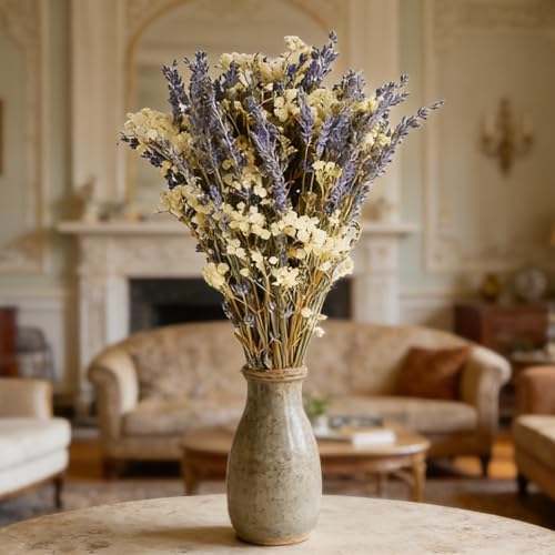 2 Bundles Natural Dried Lavender & Baby's Breath Flowers Bouquet, 16" Real Scented Lavender Stems for Home Decor, Shower, Wedding Centerpieces, DIY Crafts, Long-Lasting Fragrance, Gift Ready Box