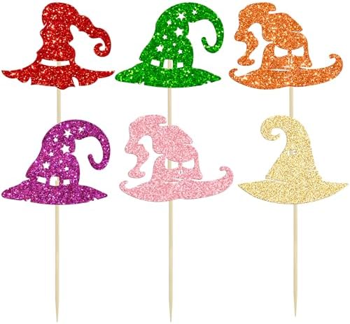 Gyufise 24Pcs Halloween Witch Hat Cupcake Toppers - Glitter Wizard Hat Picks for Baby Shower, Birthday, Halloween Themed Party Cake Decorations Supplies