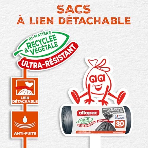 Alfapac alfapac-20 Bags 30 L with Extra-Strong Made in France-Unique bi-Material Vegetable Recycled Maxi-Weights Wide Link, 1 unité (Lot de 1), Black