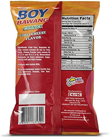 Boy Bawang Cornick, Chili Cheese - Crispy Tasty & Gluten-Free Corn Nuts 3.54 ounces (100g), 3 Pack