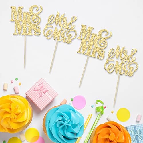 24Pcs Gold Glitter Mr & Mrs Cupcake Toppers Love Mr Mrs Bridal Shower Cupcake Picks Wedding Engagement Birthday Party Cake Decorations Supplies