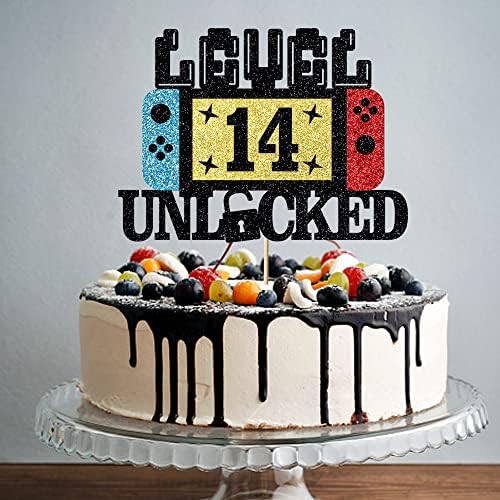 Level 14 Unlocked Cake Topper, Happy 14th Birthday Cake Topper, Video Game Controller Theme Birthday Party Decoration, Glitter Level 14th Game Theme for Kids Boy Girl Bday Party Decorations
