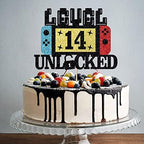 Level 14 Unlocked Cake Topper, Happy 14th Birthday Cake Topper, Video Game Controller Theme Birthday Party Decoration, Glitter Level 14th Game Theme for Kids Boy Girl Bday Party Decorations