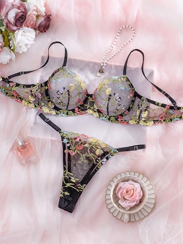 Sexy Floral Embroidered Flower Mesh Underwire Push Up Lingerie Set