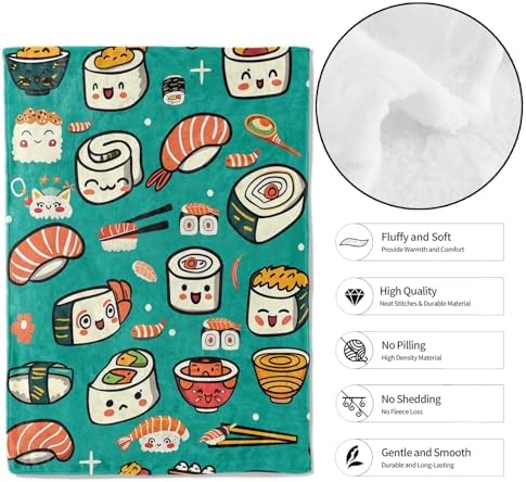 Cute Sushi and Ramen Throw Blanket,40x50in,Soft,Lightweight Flannel,Japanese Food Blankets - Gifts for Kids,for Couch Office Travel,Home Living Room Bed Decor