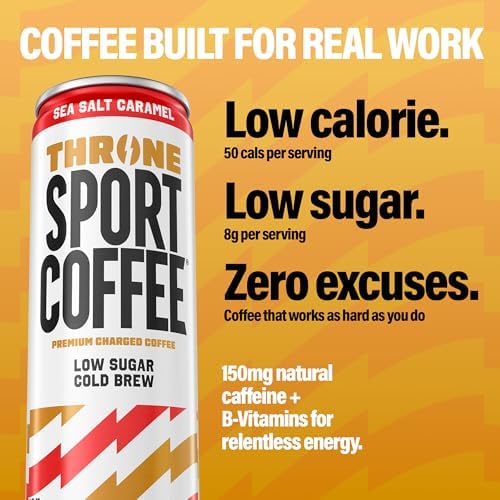 Throne Sport Coffee Cold Brew – Low Sugar. 150mg Natural Caffeine and B Vitamins – Dairy-Free, Low Calorie –Premium Arabica, NSF Certified Active Lifestyles – Sea Salt Caramel, 12 Pack