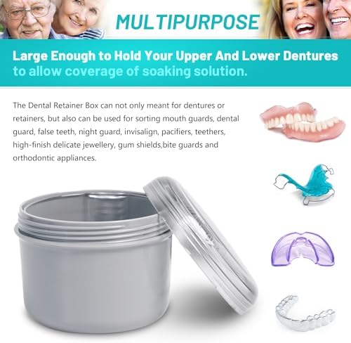 Denture Case with Denture Brush, No Leak Denture Bath Box, Denture Travel Case, Denture Cup with Basket for Soaking Dentures (grey)