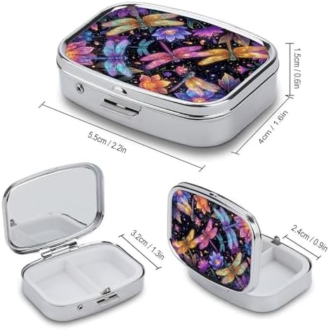 Metal 2 Compartment Pill Organizer Travel Friendly Portable Compact Pill Box Cute Pill Case,for Pocket Wallets Daily Portable Medicine Vitamin Tablet Storage (Painted Dragonfly)