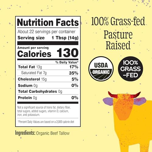 Marianne’s Organic Beef Tallow: 100% Grass-Fed Cooking Fat for Roasting, Frying & High-Heat Cooking, Rich Savory Flavor, Pasture-Raised USA Cattle, USDA Organic