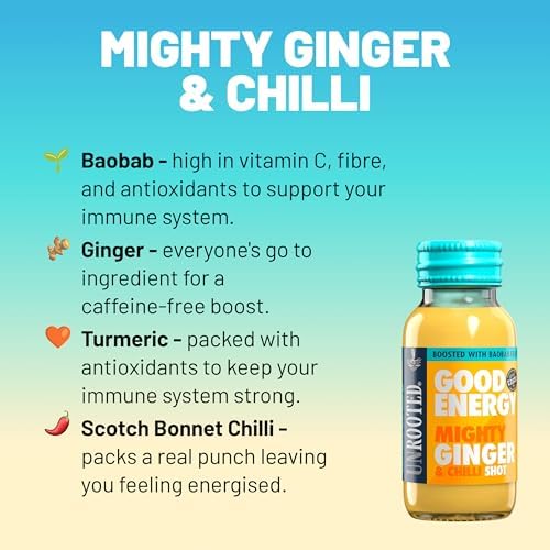 UNROOTED Good Energy Shot (12 Pack, Mighty Ginger) - Immune System and Natural Energy Booster - 12 x 60ml Bottles - Ginger, Turmeric, Chilli & Baobab