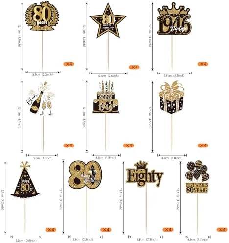 Rsstarxi 40 Pack 80th Birthday Cupcake Toppers Black Gold Hello 80 years Cupcake Picks 80th Birthday Decorations for Women Men Cheers to 80 Anniversary Fabulous 1946 Wedding Party Supplies