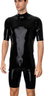 IOKUKI Latex Rubber Catsuit for Men Handmade,Latex Short Sleeved Bodysuit with Crotch and Back Zipper