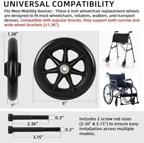 CALPALMY 6 Inch Replacement Wheelchair Front Wheels - Universal 6" PU Solid Tire for Rollator, Walker and More - Made from Durable Rubber, Wear-Resistant and Anti-Slip (2-Pack)