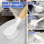 Holikme 3 Pack Dish Brush Set with Bamboo Handle, Kitchen Brushes for Cleaning Pot, Sink and Stove, Skillet Scrubber with Tough Bristles for Cast Iron Grill Pan, Yellow White Black