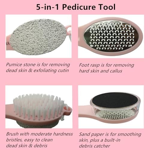 Foot Scrubber Brush with Pumice Stone for Feet, 5-in-1 Foot File Callus Remover, Stainless Steel Feet Scraper, Cleaning Brush and Sand Paper Debris Catcher, Multi Purpose for Home Foot Care