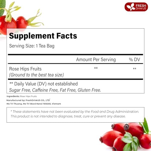 FreshDrinkUS, Premium 75 Rosehip Tea Bags, 100% Natural & Pure from Rose Hip Fruits. Loose Rosehip Herbal Tea. Made with Natural Material Tea Bags. No Sugar, No Caffeine, No Gluten, Vegan.