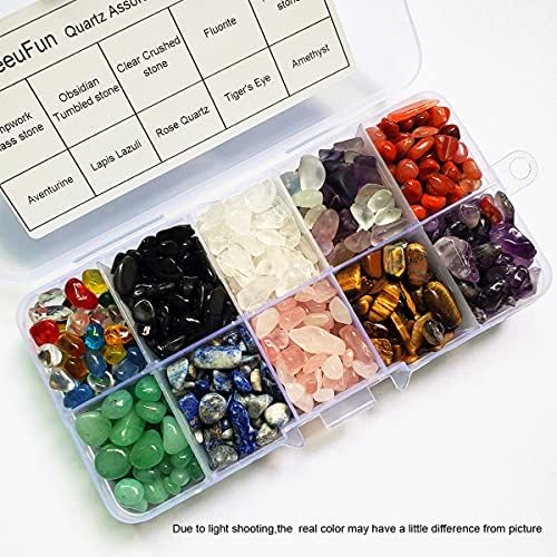 SeeuFun Assorted Mini Crystal Stone Tumbled Chips, Fluorite, Tiger's Eye, Rose Quartz, Amethyst (1/2 Pound)