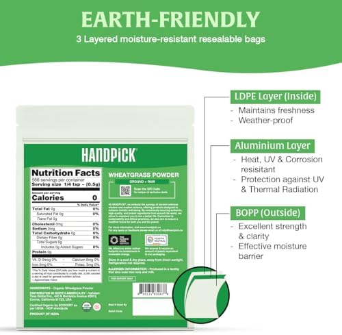 HANDPICK USDA Organic Wheatgrass Powder (10oz) Rich Green Powder - Lab Tested | 100% Whole Leaf | Gluten Free, Non-GMO | No Sugar, No Artificial Ingredients | Resealable Ziplock Pouch