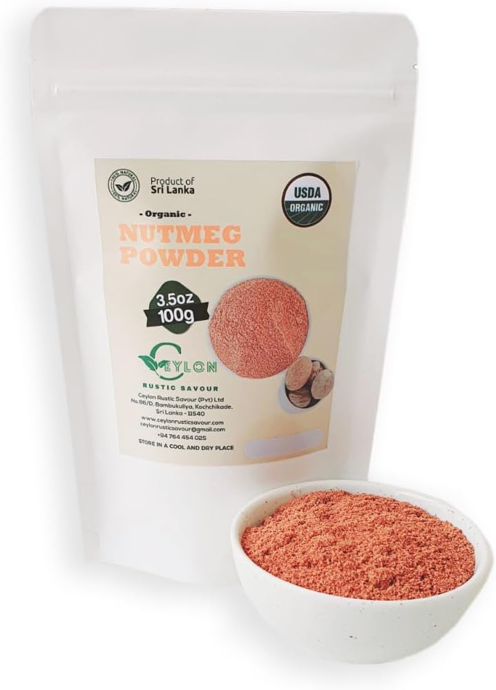 Ceylon Rustic Savour Premium Organic Nutmeg Powder, 100% Pure Ceylon Spice, Gluten-Free, Non-GMO, Aromatic Ground Nutmeg for Baking, Cooking & Beverages, 3.5 oz