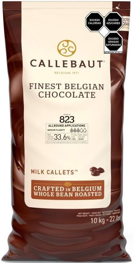 Callebaut 823 Milk Chocolate Callets - 22 LBS Belgian Baking Chocolate Callets - Min 30.2% Cocoa butter, 4.9% fat free cocoa, 6% Milk fat, 15.8% Fat free milk - Recipe 823NV-595 - 22 Lbs (10 kg)