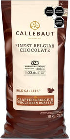 Callebaut 823 Milk Chocolate Callets - 22 LBS Belgian Baking Chocolate Callets - Min 30.2% Cocoa butter, 4.9% fat free cocoa, 6% Milk fat, 15.8% Fat free milk - Recipe 823NV-595 - 22 Lbs (10 kg)
