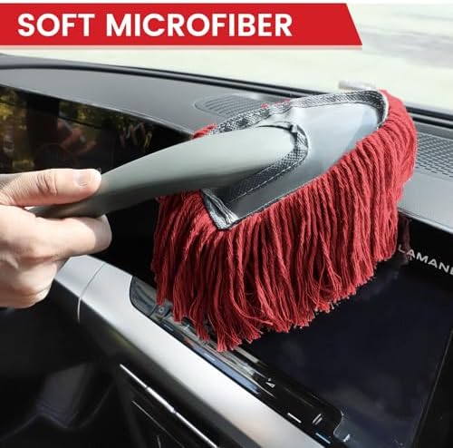 IPELY 2 Pack Large Car Duster Exterior Scratch Free with Extendable Handle and Car Duster Interior, Wax Cotton Hair Dusters (Red)