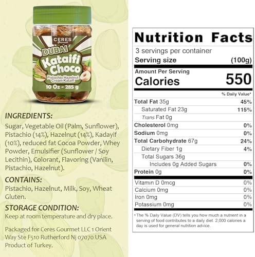 Ceres Gourmet Dubai Spreadable Chocolate– Pistachio Spread with Roasted Phyllo Kataifi, Gourmet Breakfast Choco, Crunchy Dubai Filling (9.7 Oz)