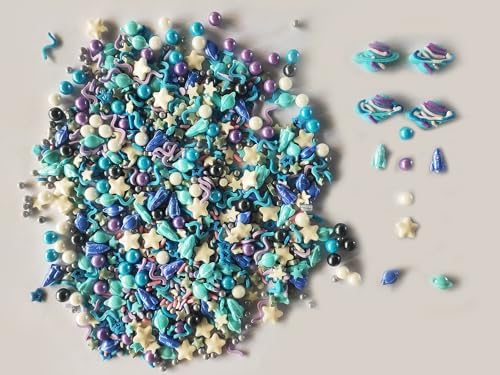 Edible Space Themed Big Planet Rocket Sugar Sprinkles Spacecraft Dessert sprinkles Star Cake Cupcake Toppers Pearls cookie decorations for cake Decorating, 3.35 Ounce(Blue)