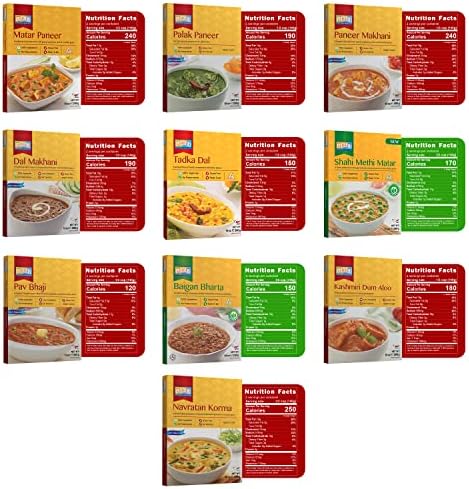 Ashoka Microwaveable Entrees 1932, Vegetarian Sampler Kit, Heat & Serve Meal Pack, Kosher Certified Variety Pack, Authentic Indian Cuisine, Instant Meals, Gluten-Free with No Preservatives, Pack of 10
