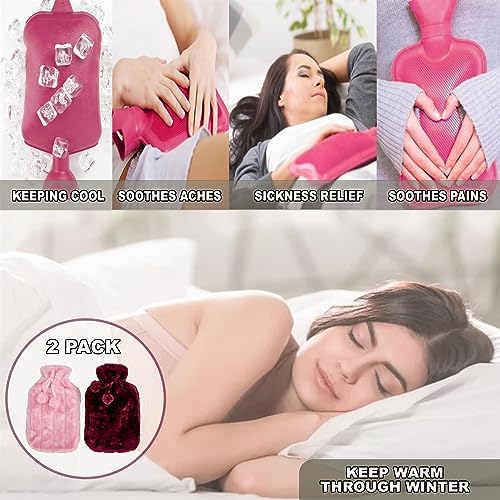 2 x Hot Water Bottles - Luxury Cosy Faux Fur Fleece Cover with Pom Poms - Natural Rubber 2 Litre Capacity - (Pink and Plum)