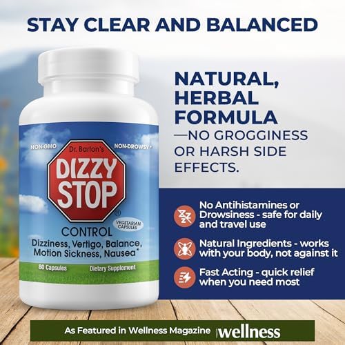 Dizzy Stop Dr. Barton's Vertigo Relief Products with Ginger and Grape Seed - Non-Drowsy Motion Sickness Pills for Dizziness Relief and Inner Ear Balance - 80 Count