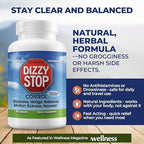 Dizzy Stop Dr. Barton's Vertigo Relief Products with Ginger and Grape Seed - Non-Drowsy Motion Sickness Pills for Dizziness Relief and Inner Ear Balance - 80 Count