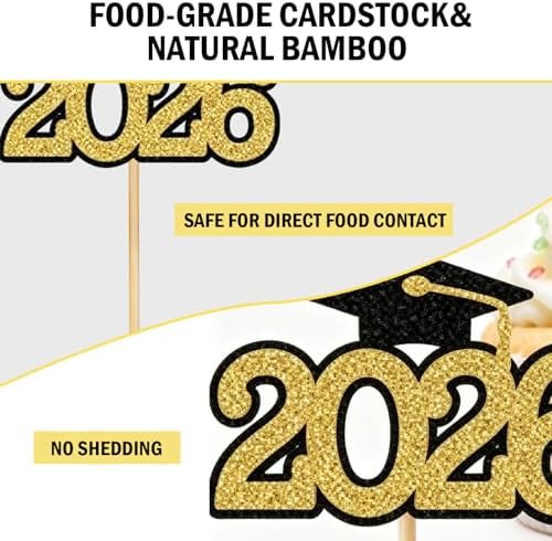 2026 Graduation Cupcake Toppers Picks - 48 PCS Pre-Assembled Gold Glitter Cake Picks, Diploma & Grad Cap Decor Party Supplies for Class Graduation Decorations Gifts