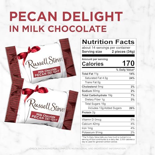 Russell Stover Pecan Delight Gusset Bag 16.10 Ounce Russel Stover Milk Chocolate Covered Candy Pack, Crunchy Pecans and Buttery Caramel Covered In Sweet Milk Chocolate Candy, Individually Wrapped