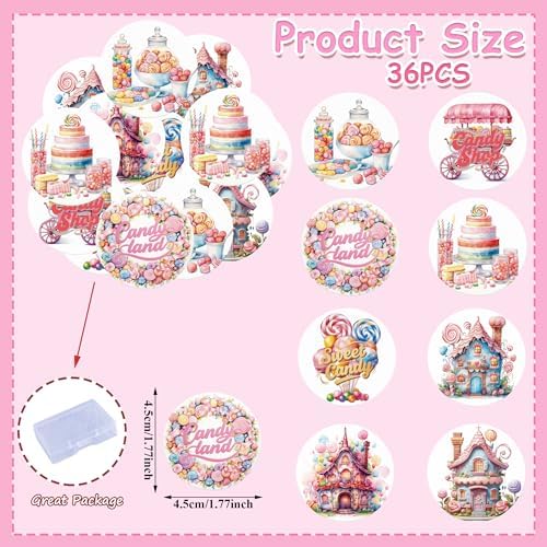 36PCS Edible Candyland Cupcake Toppers Wafer Paper Sweet Candy Cupcake Decor Wafer Sheet Edible Candy Dessert Picks for Candy Theme Birthday Baby Shower Party Decor
