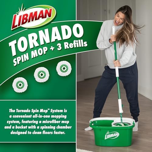 Libman Tornado Spin Mop System with Refill Heads, Microfiber Spinning Mop and Bucket with Wringer Set for Home, Floor Cleaning of Hard-Wood, Laminate, Tile, All Surface Cleaner